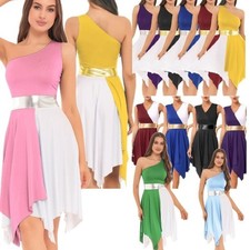 Women's Girls Asymmetrical Praise Dress Color Block Liturgical Tunic Dance Dress
