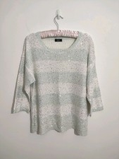 F F Women Jumper Pullover Size 14 Green White Winter Casual 3/4 Sleeve Sequin