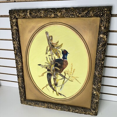 VTG Ornate Gold Wood Framed Art Painting Ring Necked Pheasant Signed 22x26 READ