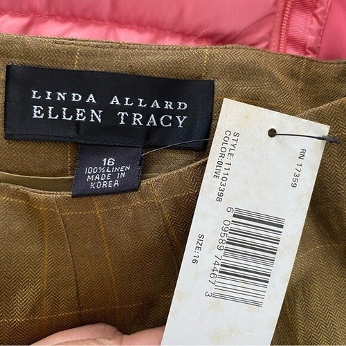 NWT Linda Allard Ellen Tracy Linen Olive Plaid Linen Pencil Skirt 16 - Picture 7 of 7