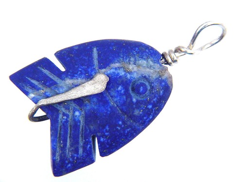 BUTW Ciondolo Pesce Scolpito Argento Sterling 10pz Filo Avvolto a Mano Lapislazzolino 3634P - Foto 9 di 21