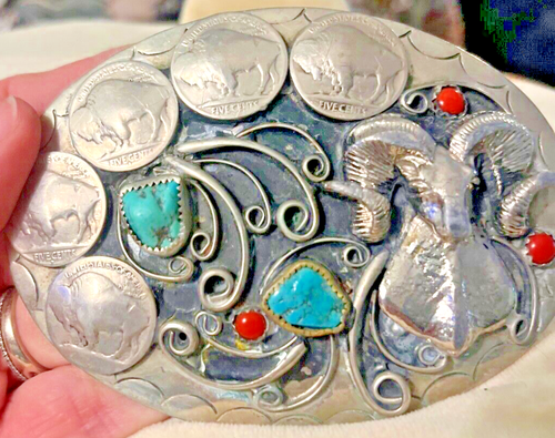 Vinatge Native Silver Nickle Ram & Buffalo Nickels, Turquoise & Coral Buckle - Picture 10 of 19