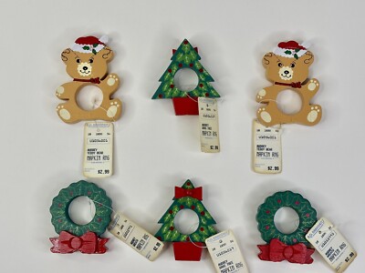 Vintage Wooden Teddy Bear Christmas Tree & Wreath Napkins Holders w/Tags 