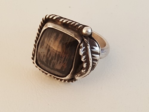 Navajo picture agate sterling silver ring twisted rope leaf feather sz 7