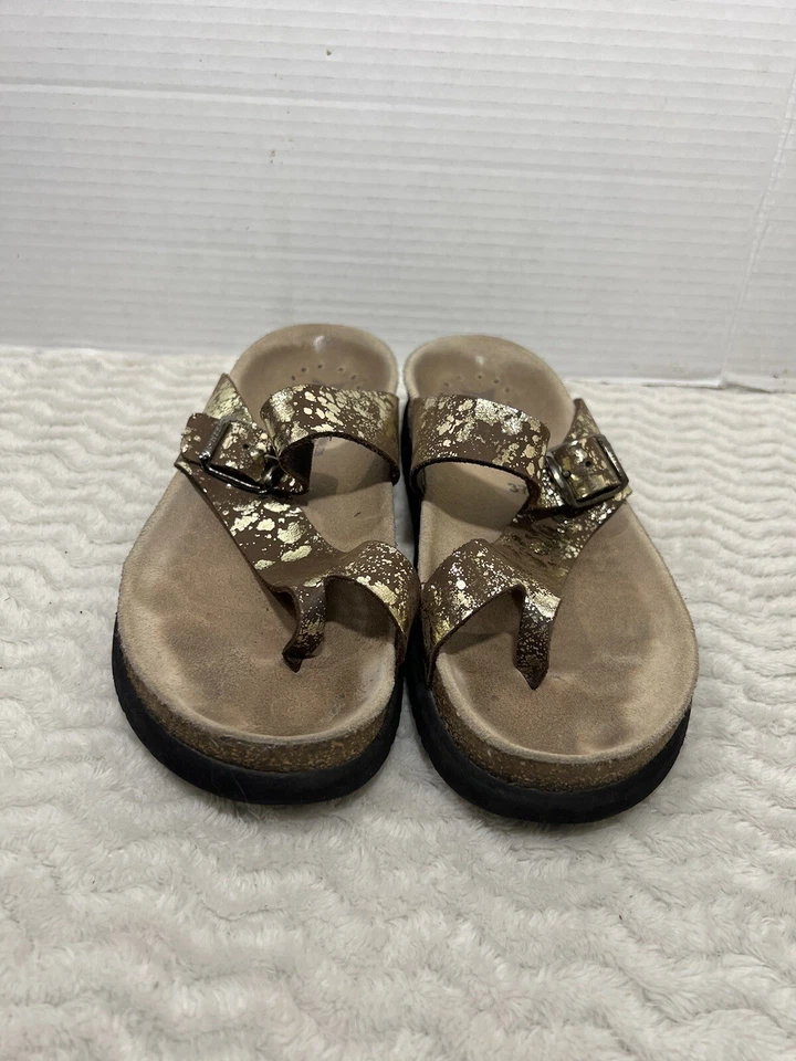 Tanga Mephisto Helen feminina tamanho 37 EUA 6,5 dourada metálica couro marrom slip on - Imagem 2 de 4