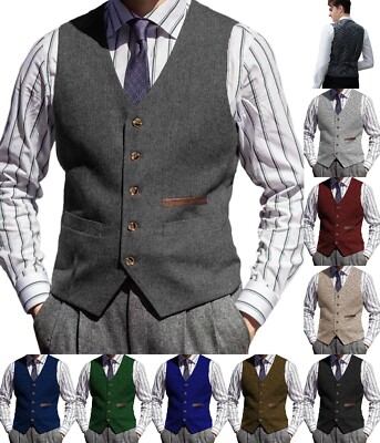 Tweed Vest Mens V-Neck Grooms Waistcoat Wool Waistcoat Herringbone Vintage Retro