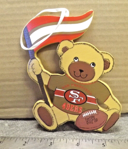 San Francisco 49ers Teddy Bear with Flag Wooden Ornament