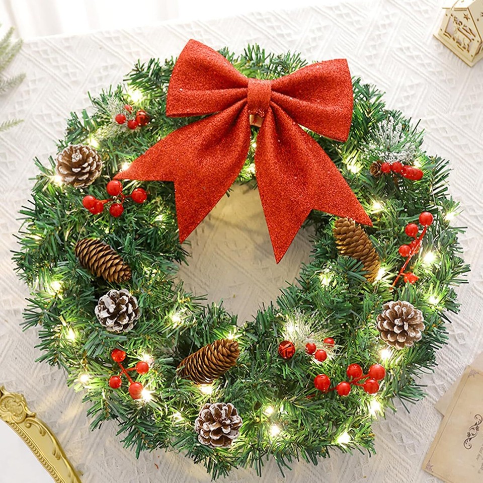 40cm Christmas Wreath with Lights Prelit Xmas Decorations Front Door