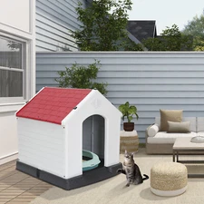 Sturdy PP Material Indoor Outdoor Dog House for All Seasons, Red Roof