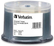 50-Pak Verbatim UltraLife™ GOLD Archival Grade 52X 80-Min CD-R's, Verbatim 96159
