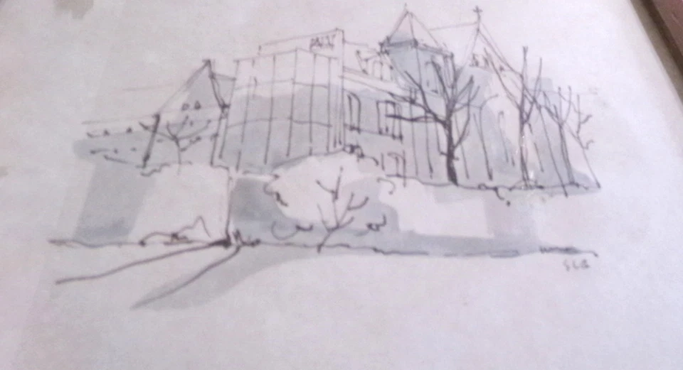 Dibujos originales vintage de catedral a pluma y tinta - Cuadrado 9,5" - Enmarcado profesional Foto 3 de 4