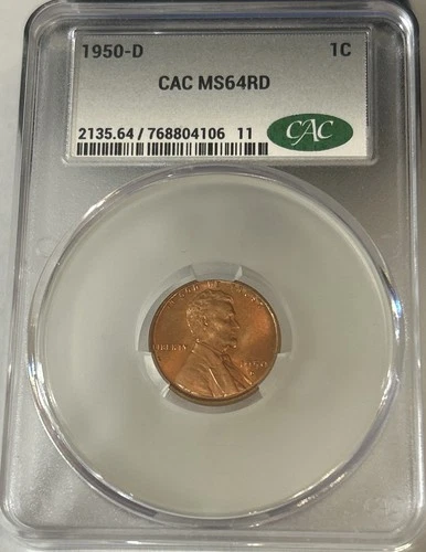 1950-D 1C Lincoln Wheat Cent ~ CAC MS 64 RD