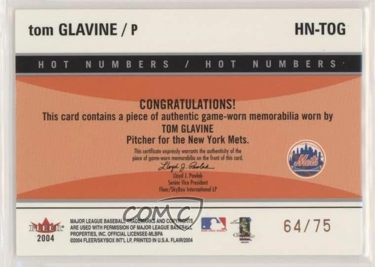 2004 Flair Hot Numbers Game Used Copper /75 Tom Glavine #HN-TOG HOF - Image 2 of 2