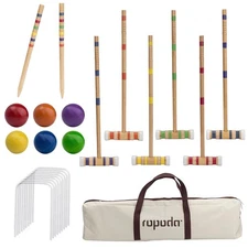 ropoda Six-Player Croquet Set with Wooden Mallets, 28"-Standard, Standard 