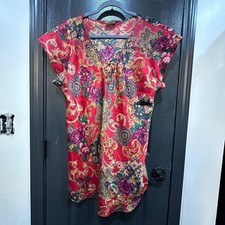 Intimate Moods Red Floral Paisley Satin Nightgown V-Neck Lace Up Sleep Shirt