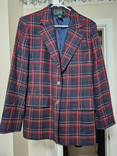 Ralph Lauren wool blazer, size 8, navy and red plaid, classic cut, front pockets