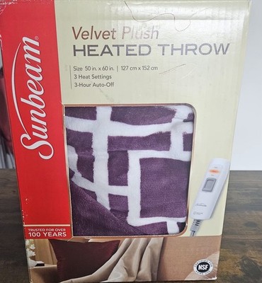 Sunbeam Velvet With Plush Heated Throw 3 Heat Settings Remote Control Auto off