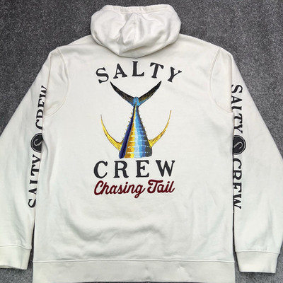 SALTY CREW Men's Chasing Tail Hoodie Ivory Graphic Fish Logo Sweatshirt Large