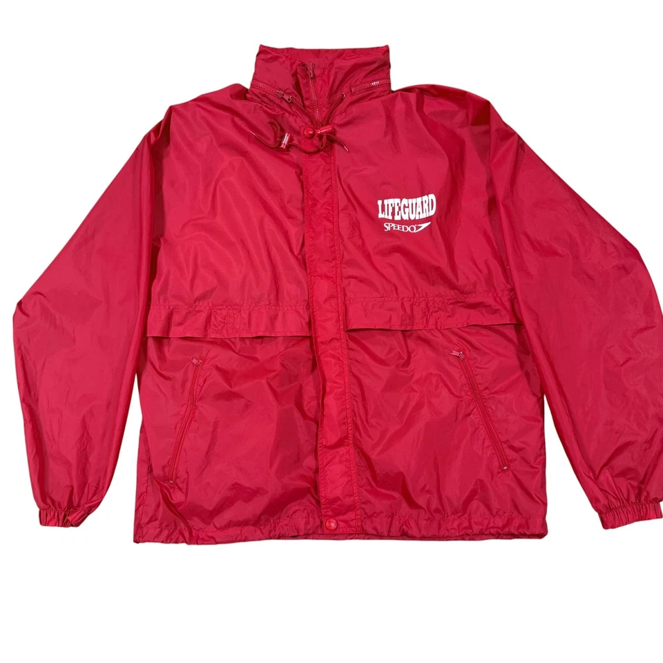 复古 20 世纪 90 年代 Speedo 救生员红色风衣夹克连帽套衫大号 — 第 4/4 张图片