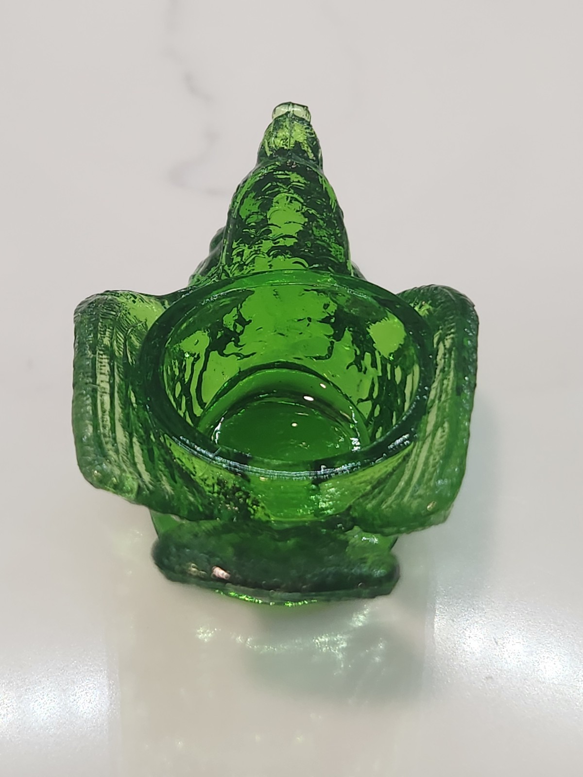 Vintage DEGENHART Green Glass Bird & Berry Salt Cellar Glows With Blacklight