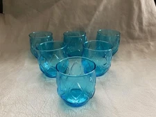 6 Vintage ANCHOR HOCKING Blue MADRID Teardrop, Diamond Juice Glasses, Tumblers