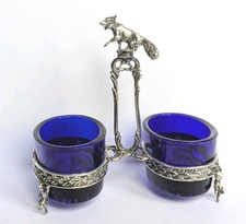Antique Rococo Hanau Solid 800 Silver Fox Cherub Double Salt Cellar Cobalt Glass