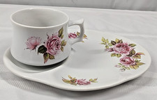 Vintage China Teacup Luncheon Plate Set White Pink Rose Oval 4 oz Cup Snack