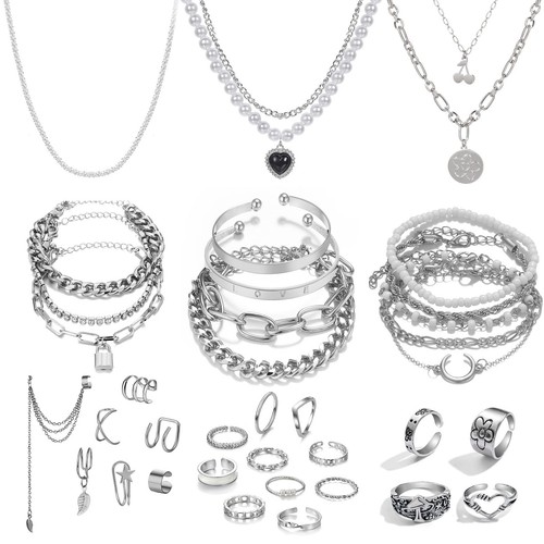 36 Piece Silver Plated Jewelry Set - 3 Necklaces, 12 Bracelets, 7 Ear Cuffs, ...