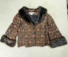 Nine West Jacket Womens 12P Brown Brocade Faux Fur Trim Short Cotton Silk Formal