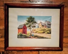 Vintage African Village Country Landscape Watercolor Signed-Framed