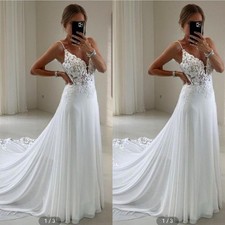 White Ivory Wedding Dresses Chiffon Spaghetti Straps A Line Lace Bridal Gowns