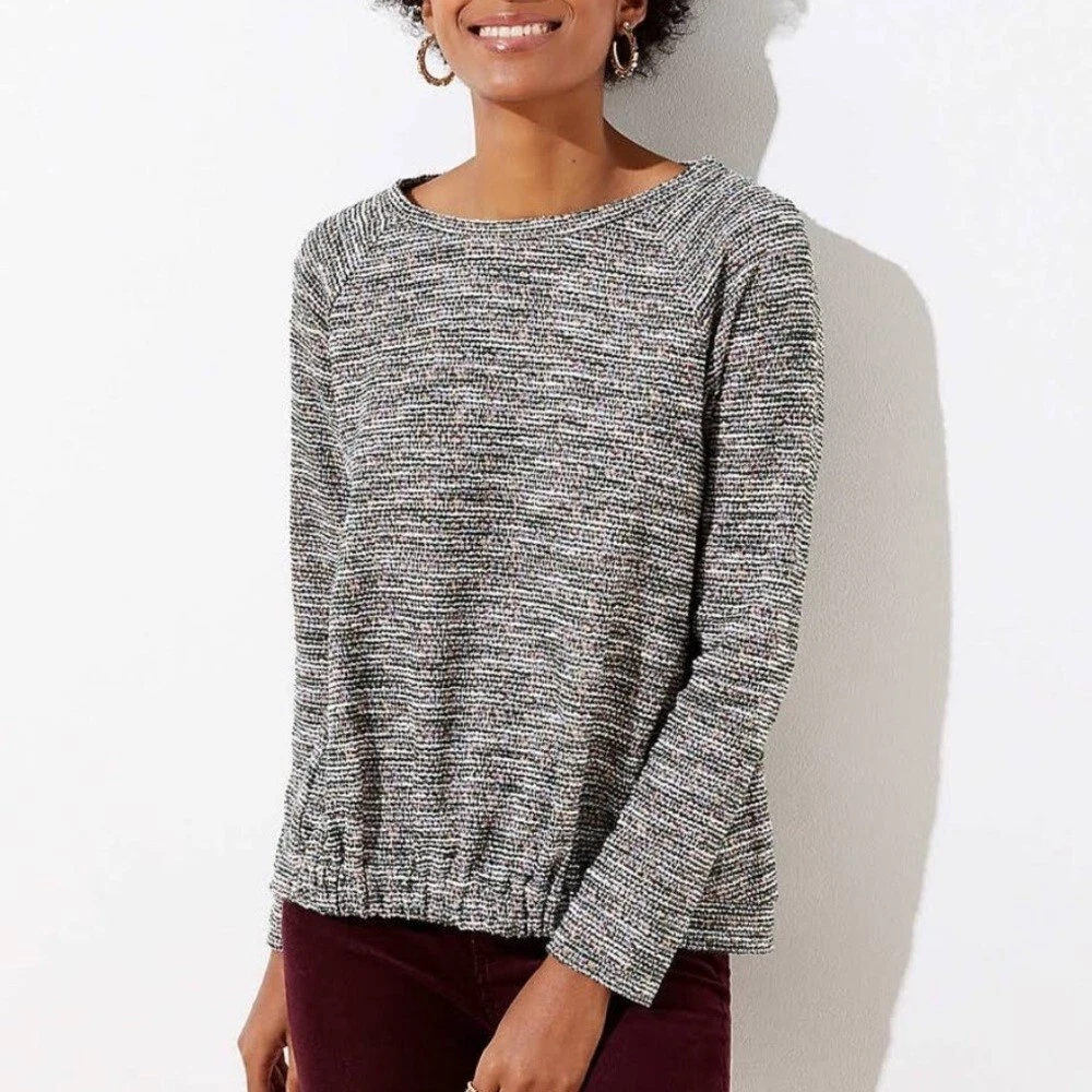 LOFT rainbow boucle gathered hem king sleeve knit top size small