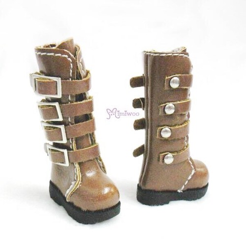 SHP129BRN Mimiwoo 1/6 Momoko Doll Shoes Blythe PU Leather Buckle Boots Brown
