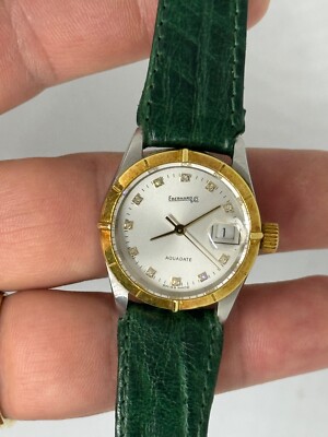 EBERHARD AQUADATE 62011 BEZEL GOLD 18k DIAMOND DIAL QUARTZ 28mm