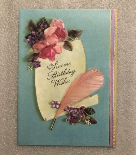 Biglietto di auguri vintage buon compleanno carta da collezione piuma rosa - Foto 1 di 3