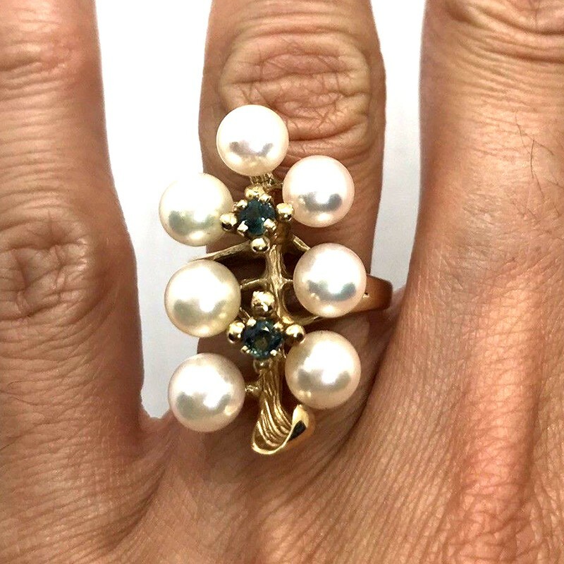 Vintage 10k Oro Giallo Perla Akoya Zaffiro Blu Grappolo Foglia