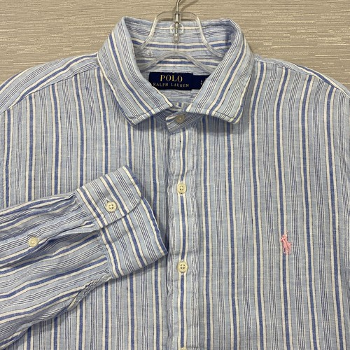 Polo Ralph Lauren Linen Shirt Mens Large Blue Striped Long Sleeve Pony Logo