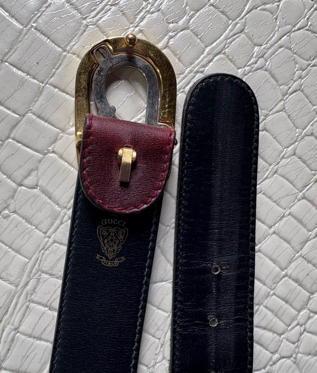 VTG Gucci Belt Belt Mens 38 Gold Silver Horse Bit Buckle