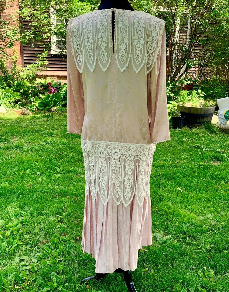 Vestido Jessica McClintock Rosa Seda Años 80 Talla 12 Jacquard Largo Encaje 2 piezas Boda Foto 2 de 4