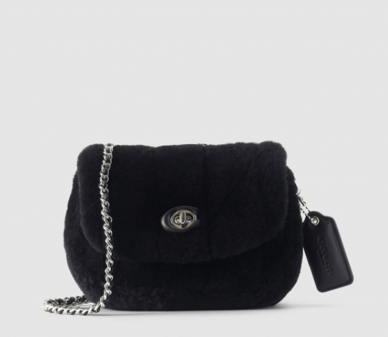 NWT COACH Black Fur Pillow Madison 18 Quilted Shearling Shoulder