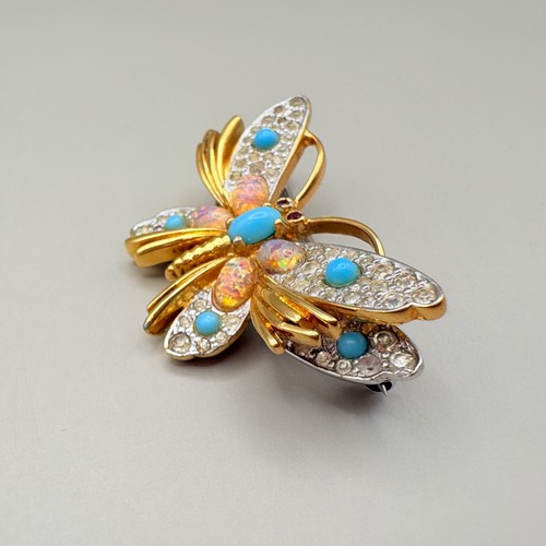 Jomaz signed Vintage Butterfly Faux Turquoise Fire Opal Pave Rhinestones Pin Br - Picture 5 of 7