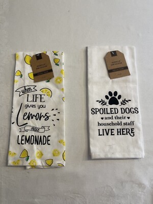 Mabelle Collection Spoiled Dog Lemons 2 Cotton Dish Kitchen Towels 15x25