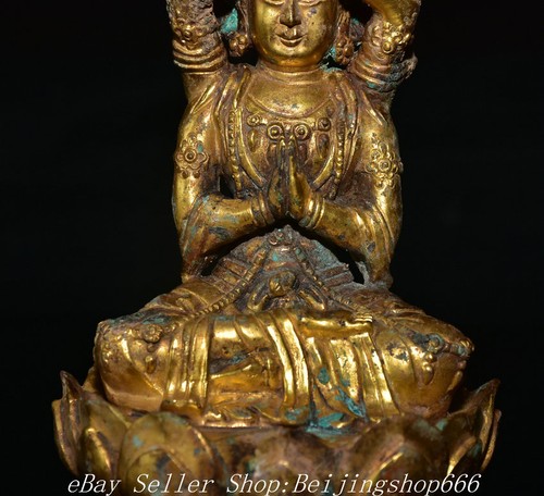 8" Antique Chinese Tang Dynasty Bronze 24K Gold Gilt 4 Arms Guan yin Statue - Picture 4 of 11