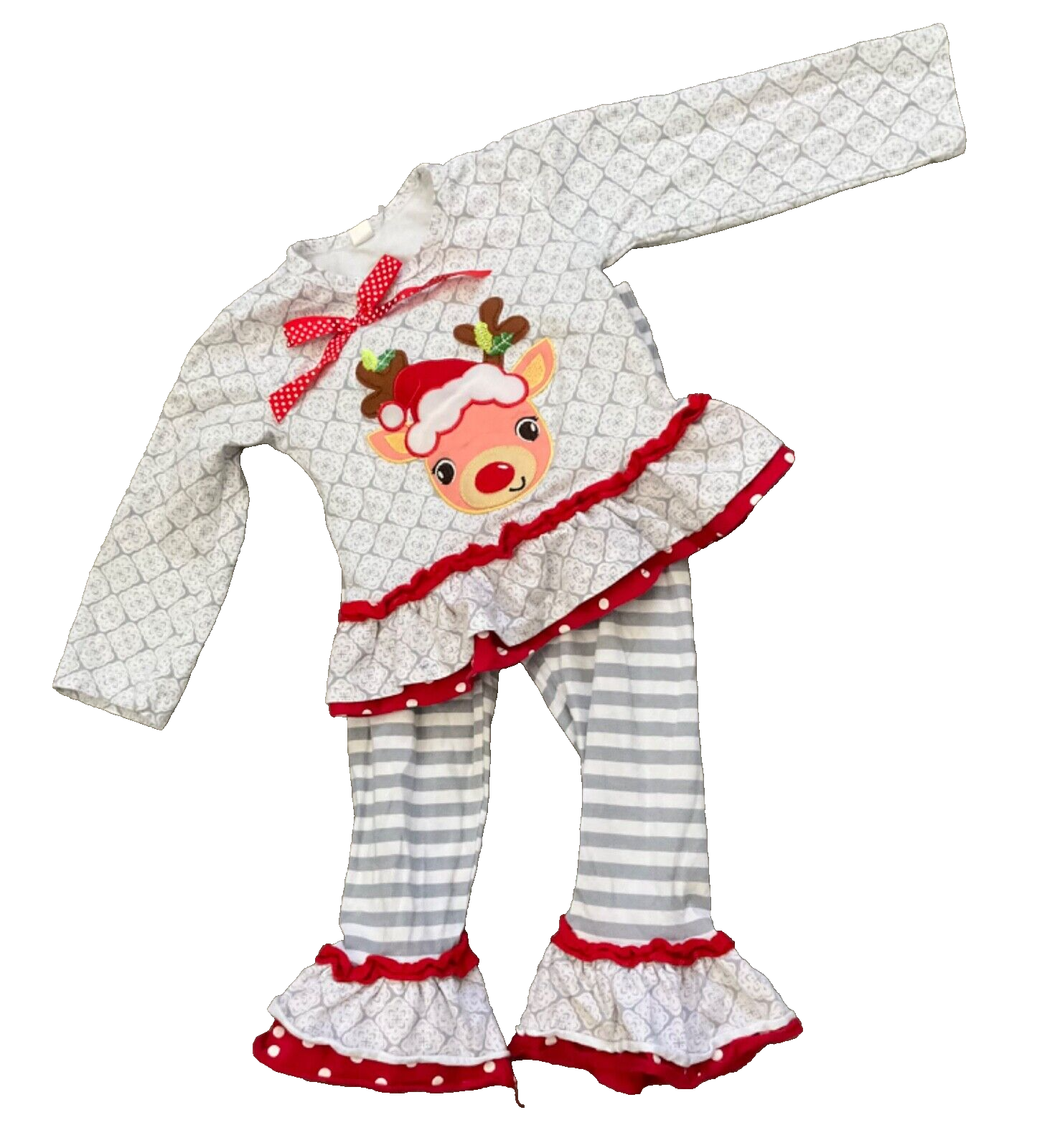 Christmas Toddler Girl Reindeer Top & Pant Outfit Gray & Red Sz 90