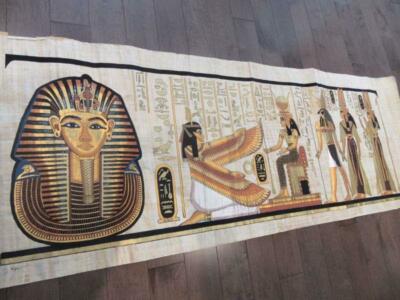 XXXL Huge Signed Handmade Papyrus Egyptian King TUT & Queen_ISIS Painting 71x26''