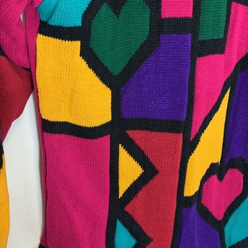 Vintage 80s Jet Set Colorful Geo Stained Glass Print Acrylic Rollneck Sweater L - Picture 5 of 10