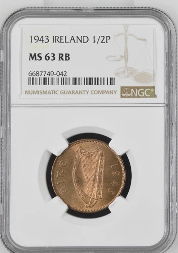 Ireland 1/2 Penny 1943 NGC MS 63 RB
