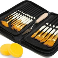 15pcs Artist Paint Brush Set w/ Pop-Up Case, Palette Knife & Sponges for Acrylic