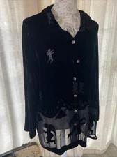 Citron Santa Monica Black Velvet Burnout Angel Design Button Up Blouse