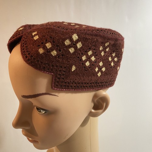 Men's Sindhi Round Cap Hat Front Cut Traditional Cultural Embroidered Burgundy - Picture 2 of 9